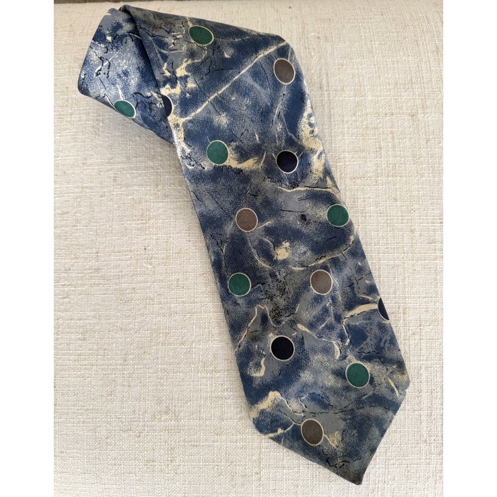 Vintage Marek Pure Italian Silk Tie, Blue Green Abstract Geometric Polka Dot 90s